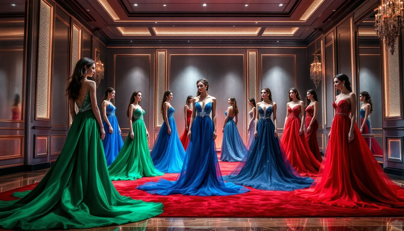 An elegant display of dresses on red carpet.