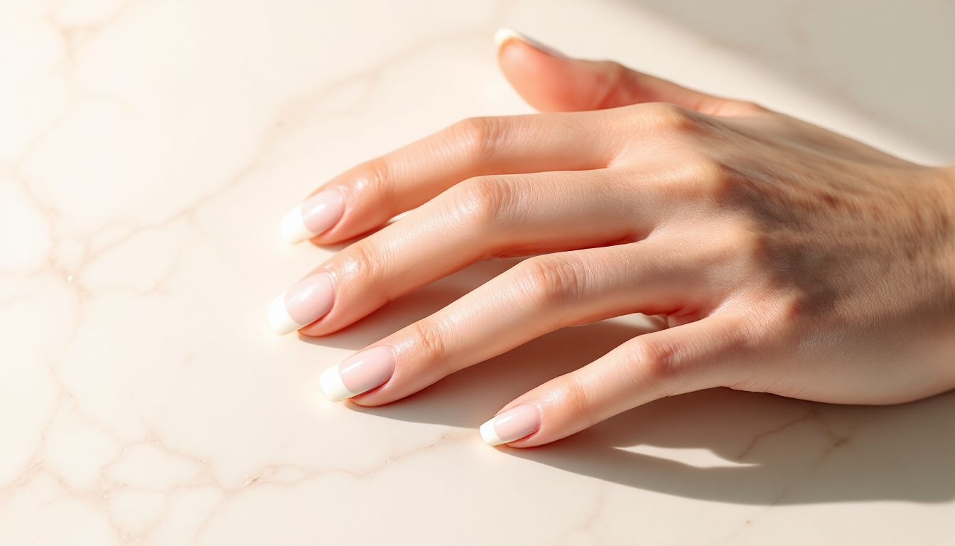 A classic French manicure with polished nails featuring white tips.