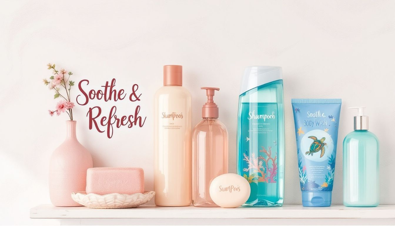 A variety of shampoo and body wash products displayed together.