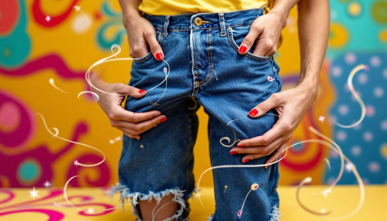 A person adjusting the fit of shrunken jeans.